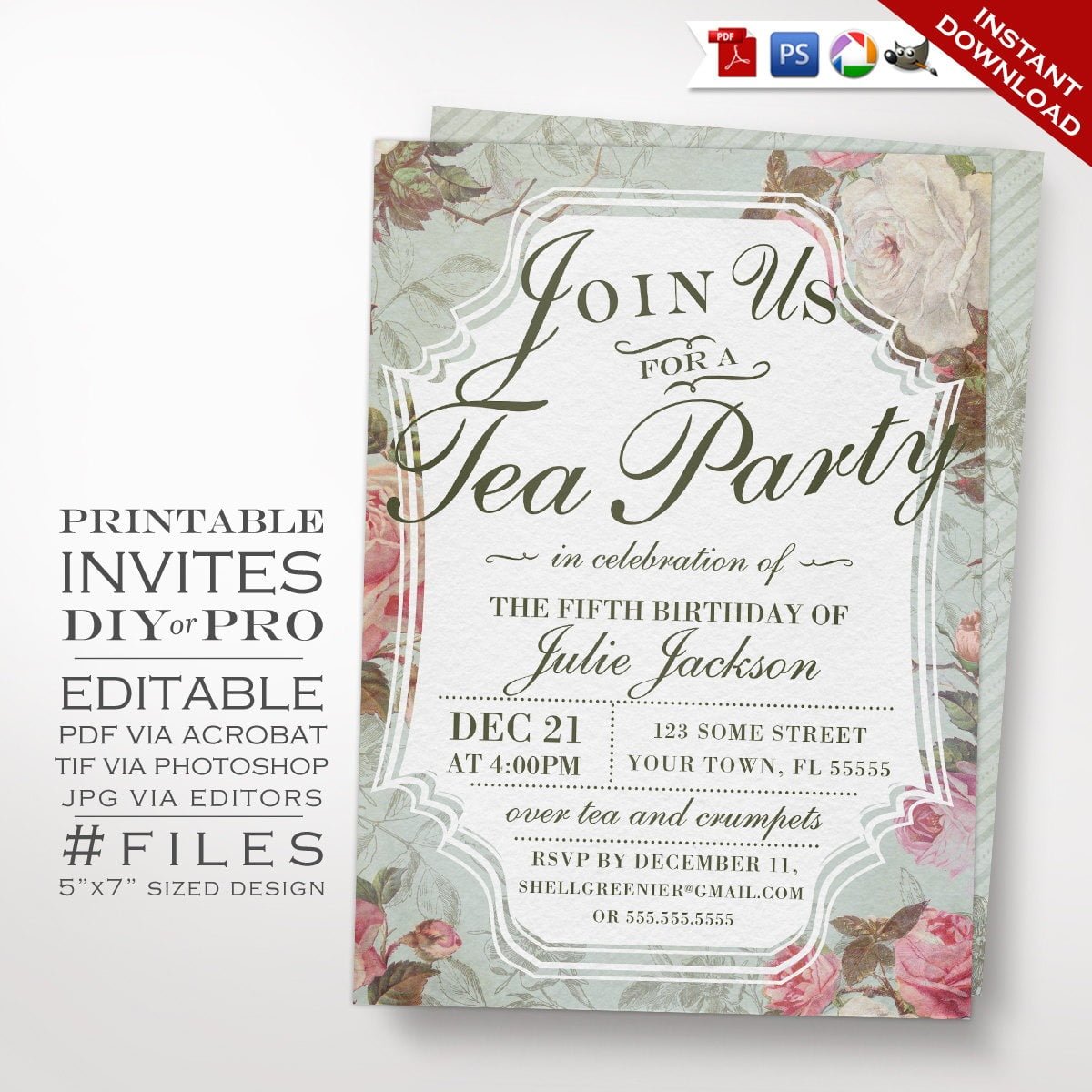 Diy Vintage Rose Tea Party Theme Birthday Invitation Printable