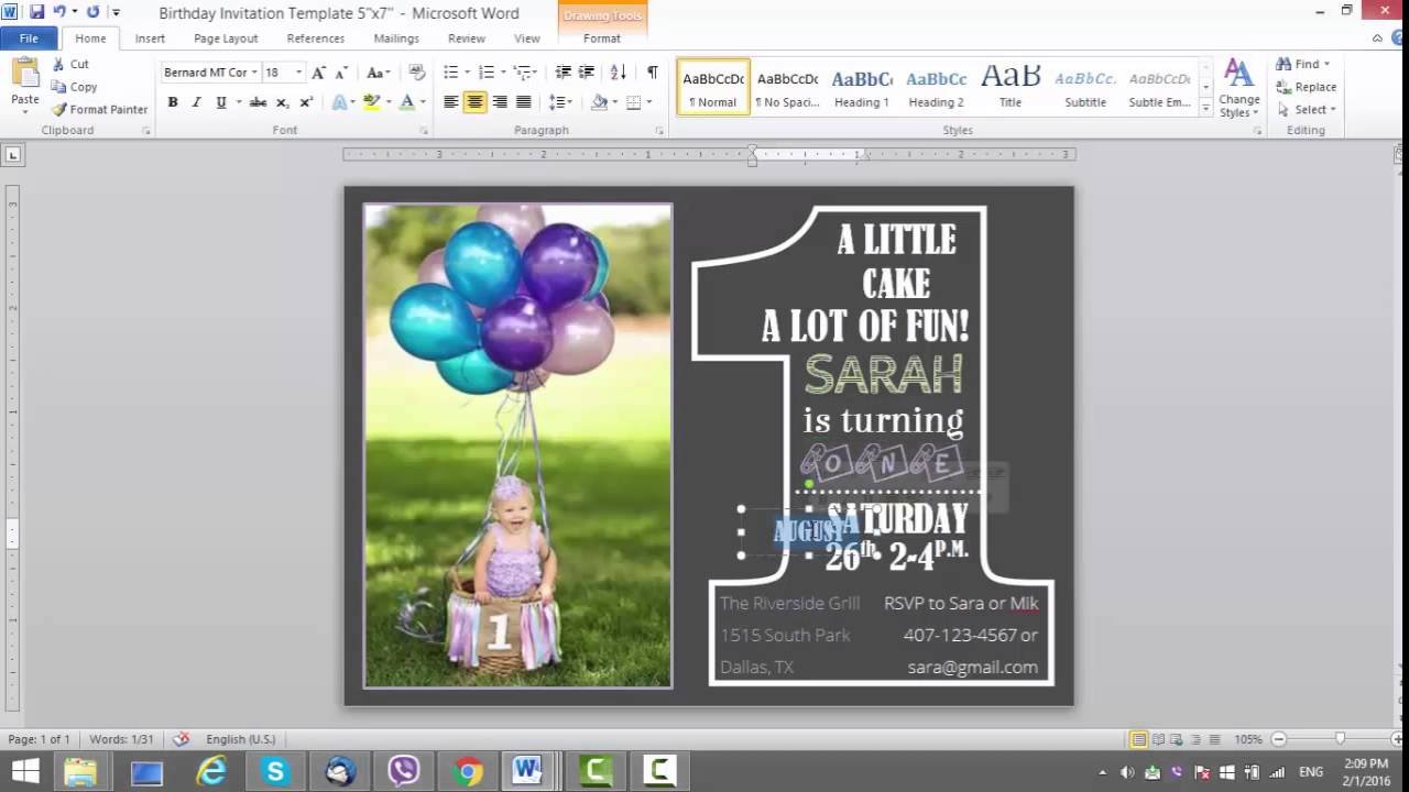 1st Birthday Invitation Template For Ms Word