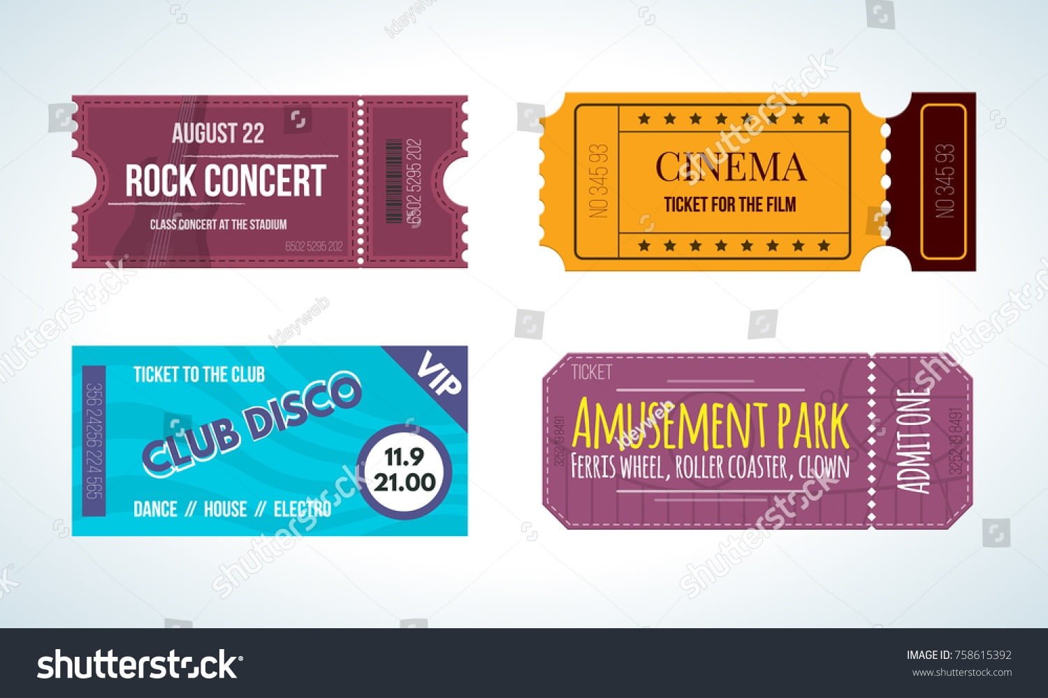 Set Colorful Tickets On Various Events Stock Vector (royalty Free