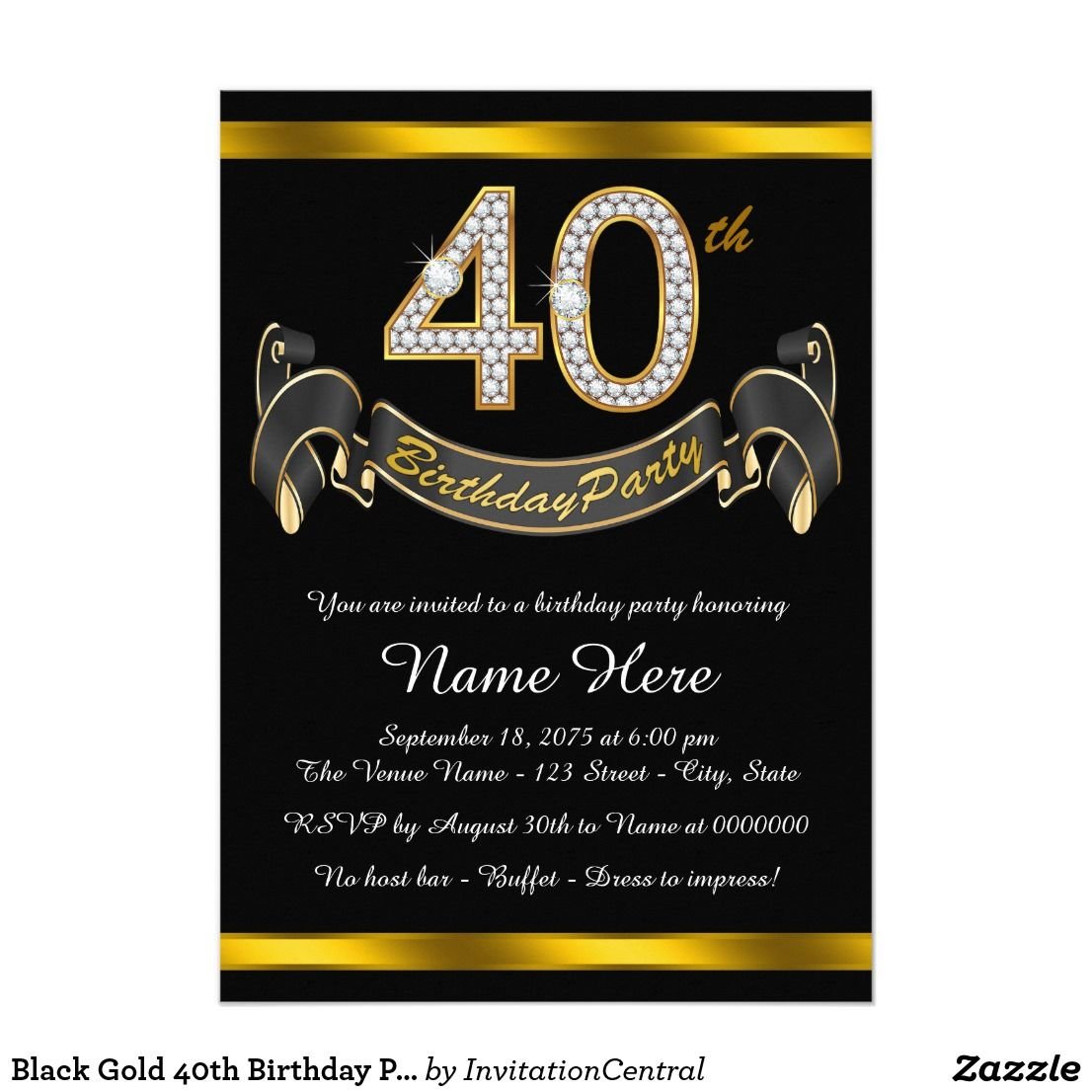 Black Gold 40th Birthday Party Invitation In 2018