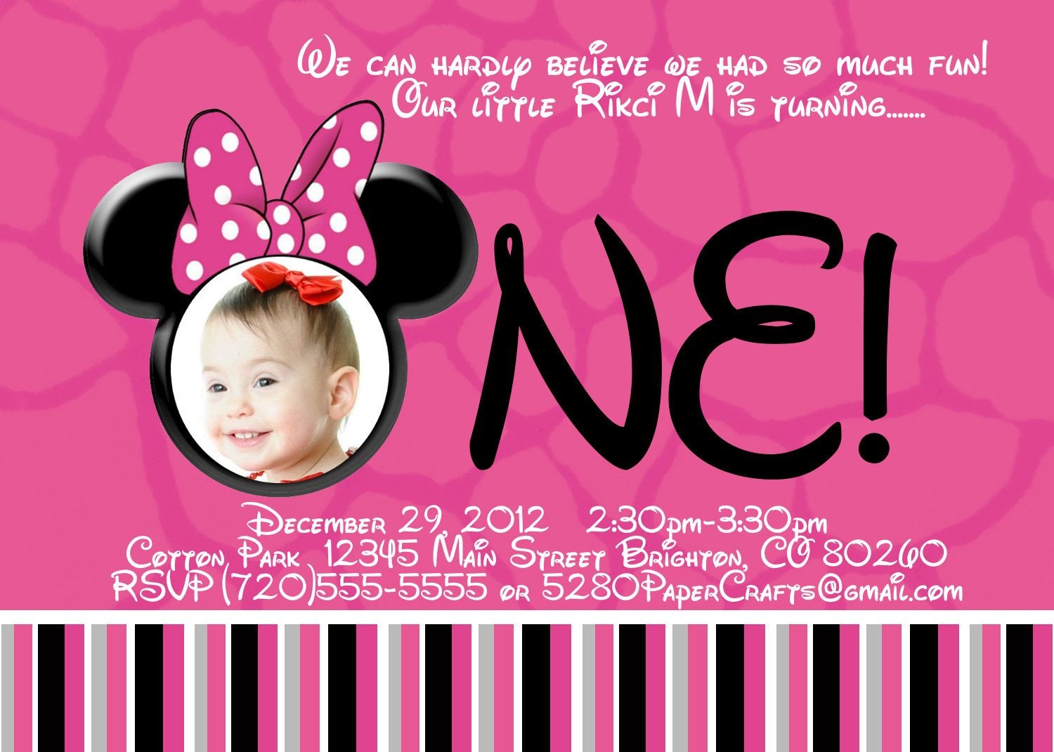 Disney Minnie Mouse 1st Birthday Invite Diy Printing Custom