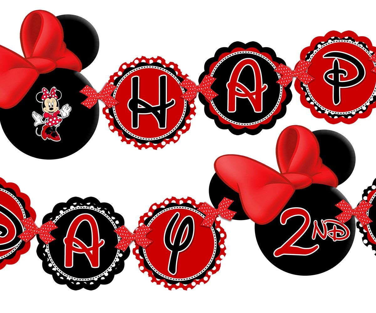 Printable Red Minnie Mouse Happy Birthday Banner, Minnie Mouse Red