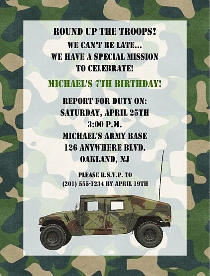 Printable Camo Birth Ideal Soldier Birthday Party Invitations