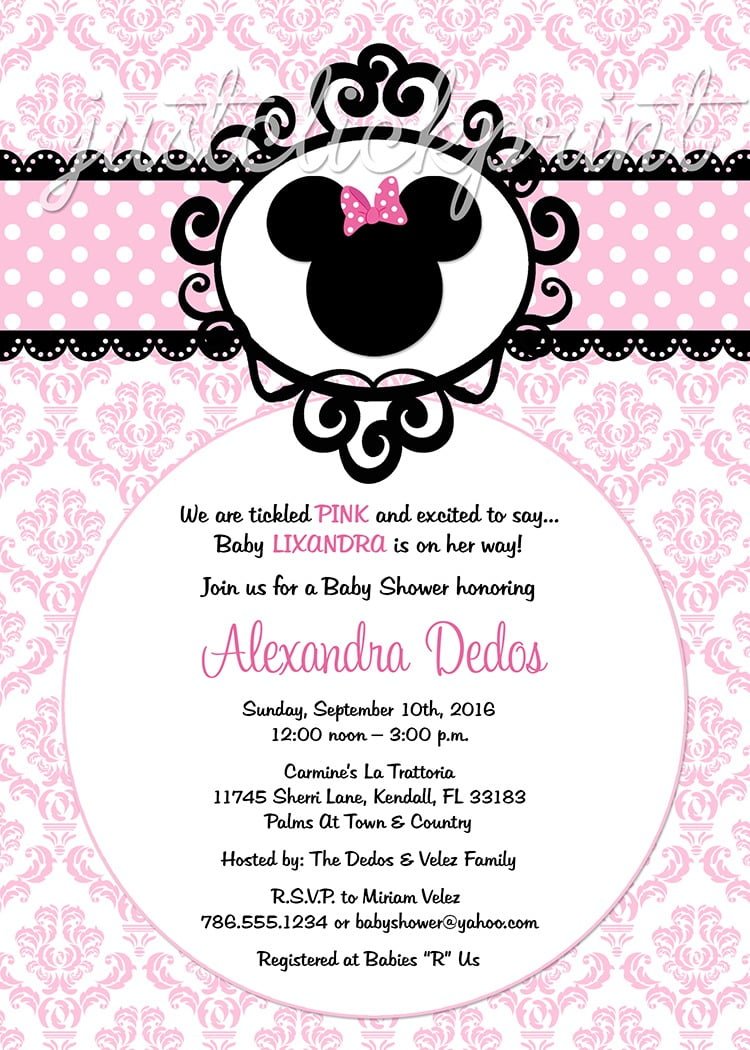 Minnie Mouse Pink Black Damask Baby Shower Birthday Invitation