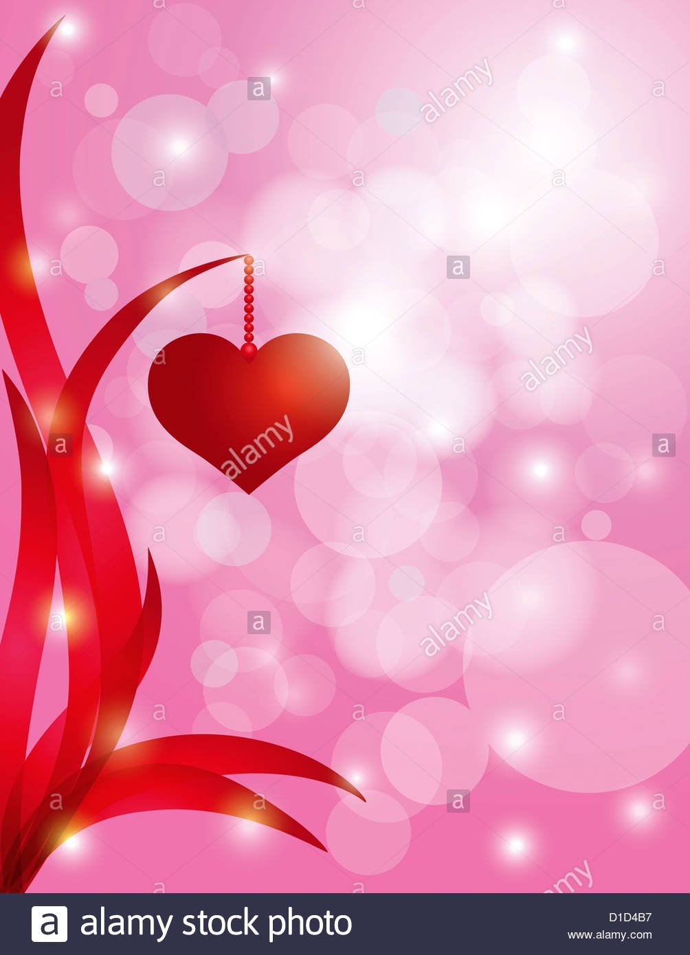 Red Heart Hanging On Swirly Leaf On Sparkling Bokeh Pink