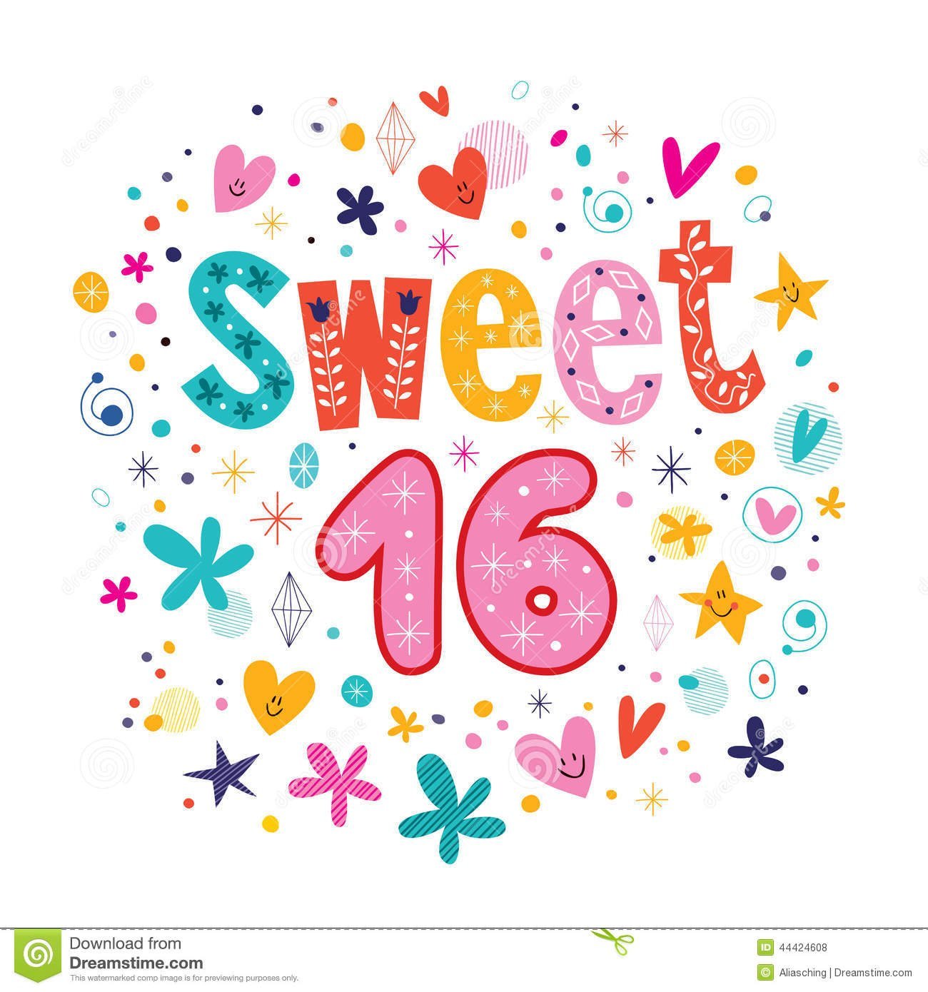 Sweet Sixteen Text Decorative Retro Typography Lettering Stock