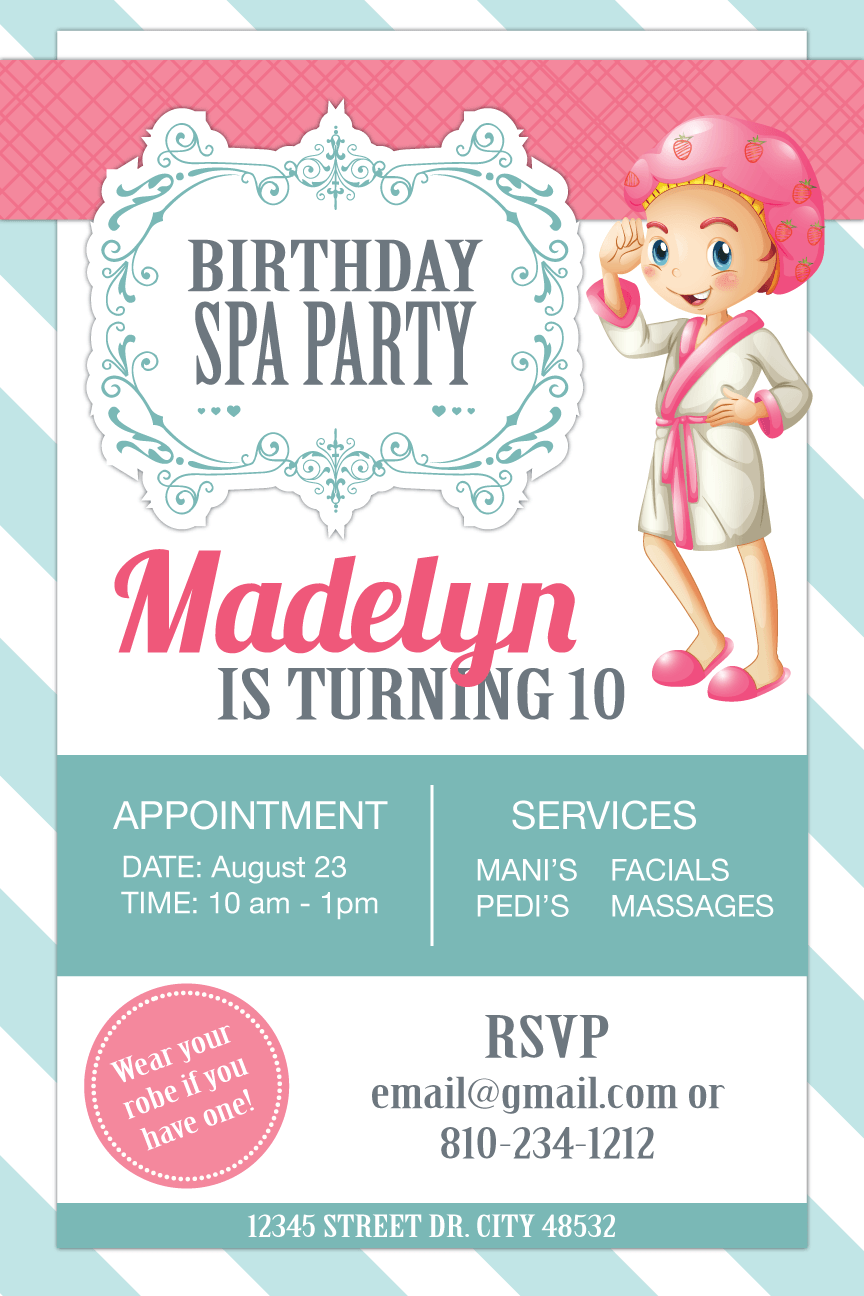 Birthday Spa Party Invitation For 10 Year