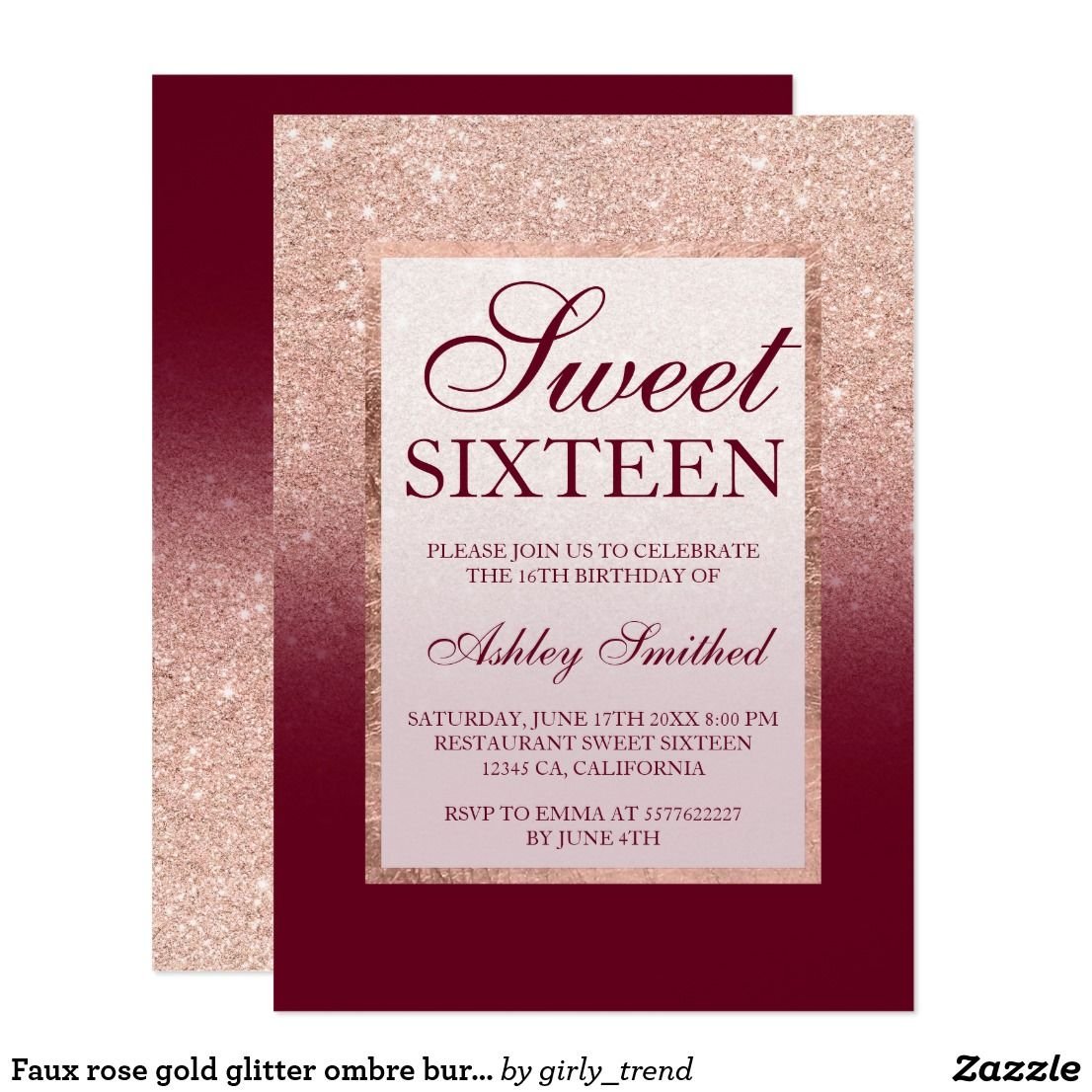 Faux Rose Gold Glitter Ombre Burgundy Sweet 16 Invitation